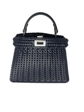 Fendi Petite Peekaboo I See U Intreccio Leather Satchel Bag Midnight Blue Women